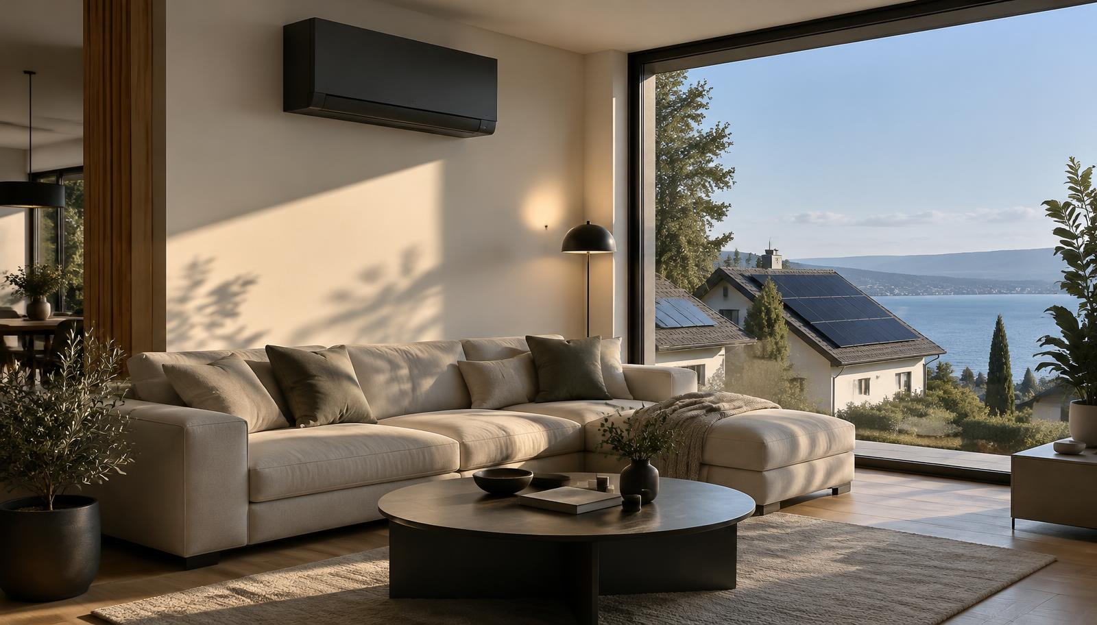 Schwarze Wand-Klimaanlage im Wohnzimmer, draußen Häuser mit Solaranlage am Bodensee