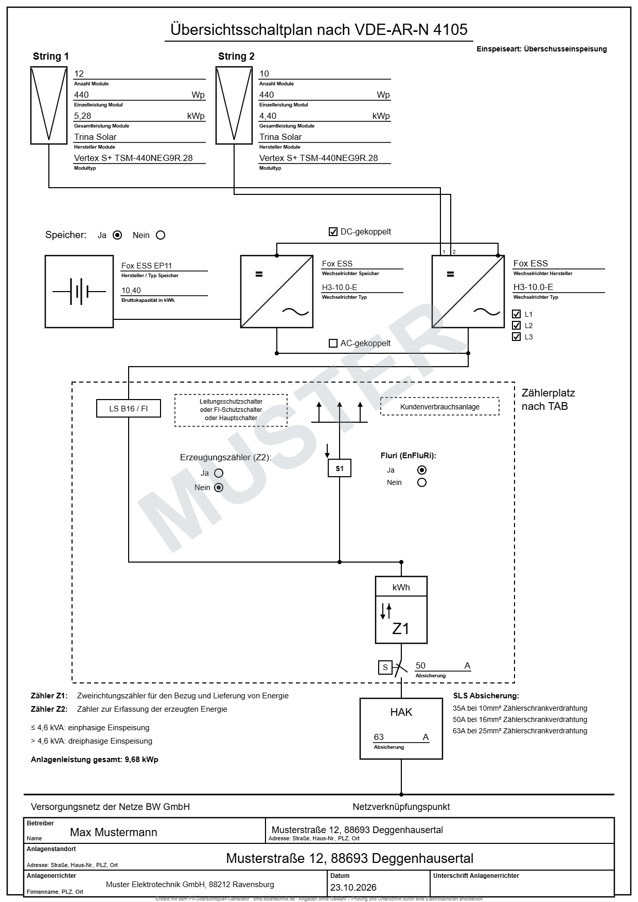 Muster-Übersichtsschaltplan PV-Anlage mit Speicher, zwei Strings und Hybrid-Wechselrichter